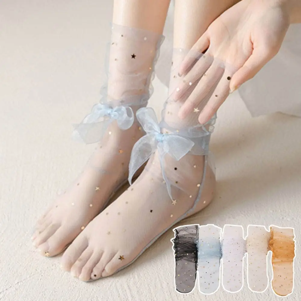 

5Pairs Star Moon Transparent Bow Socks Sweet Mid-calf Tulle Shiny Socks Breathable Female Hosiery Mesh Tube Socks Women