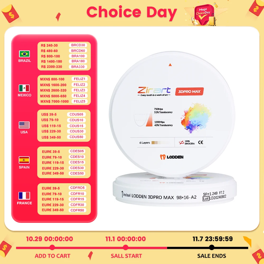 

LODDEN Zirconia Dental 3D Pro Max 5 Layers Multilayer Blocks Dental Lab Material 98mm(10-25mm) CAD CAM System Zirconium Disc