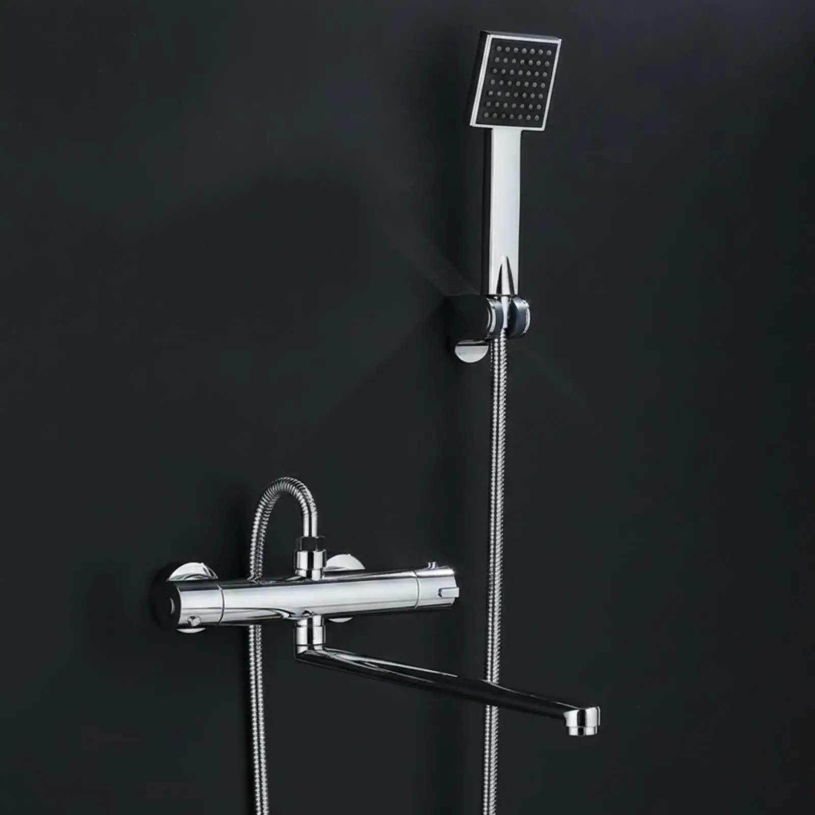 Wall Mounted Bathroom Faucet Mixer for Shower and Tub Copper Finish Low Profile Long Spout Thermostatic Control Knob