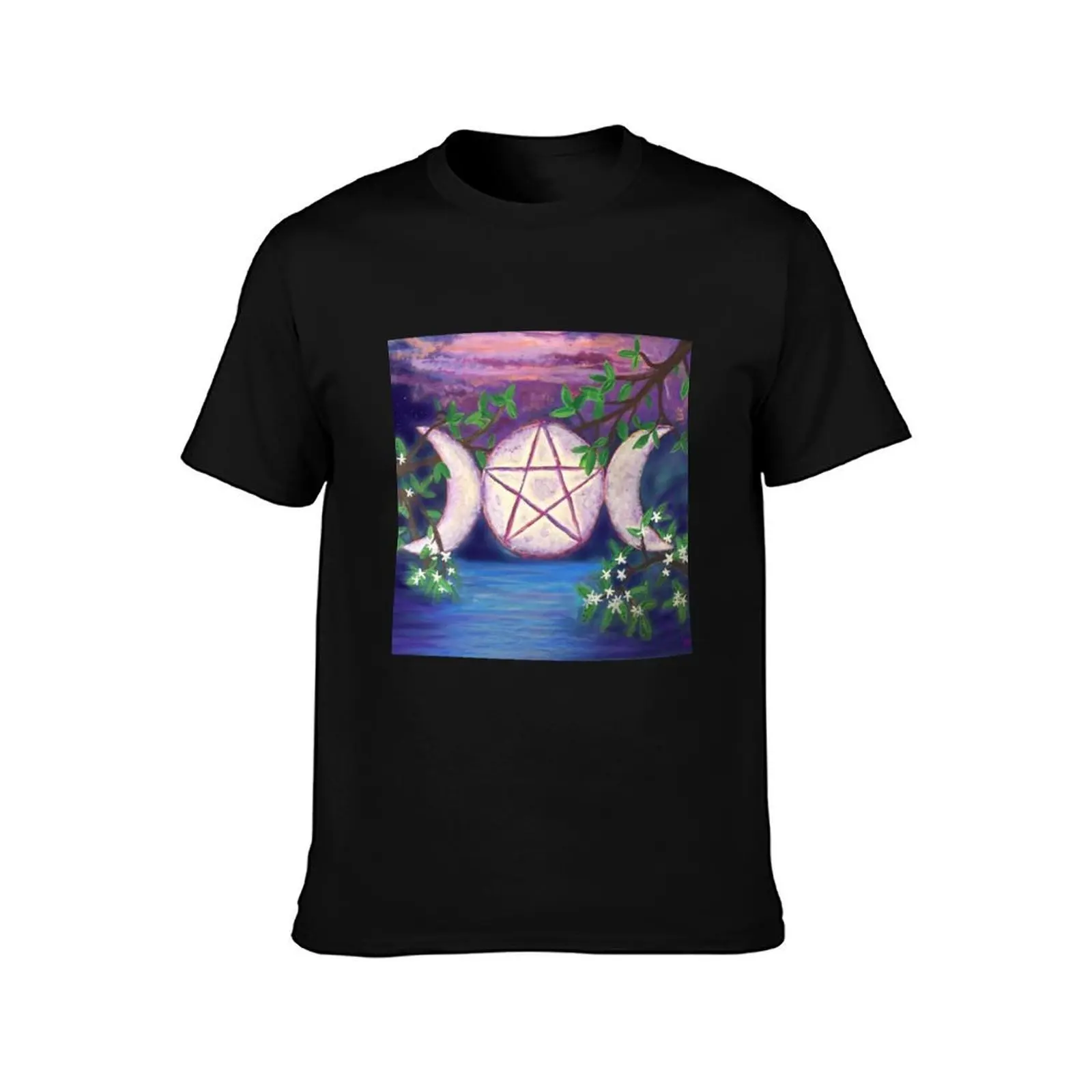 Triple Moon Rising T-Shirt, Summer Casual Cotton Tee, Oversized Streetwear Tops, Vintage Graphic Print, Loose Fit Short Sleeve