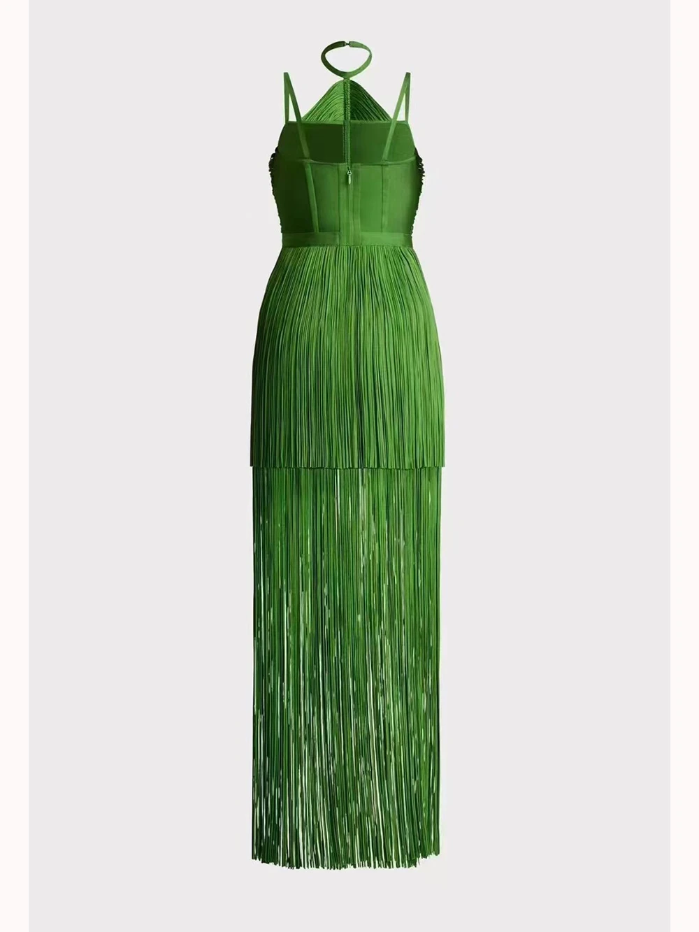 Modphy Sexy Halter Straps Tassel Maxi Long Dress Women Green Sleeveless Backless Bodycon Dress Elegant Evening Prom Party Gowns