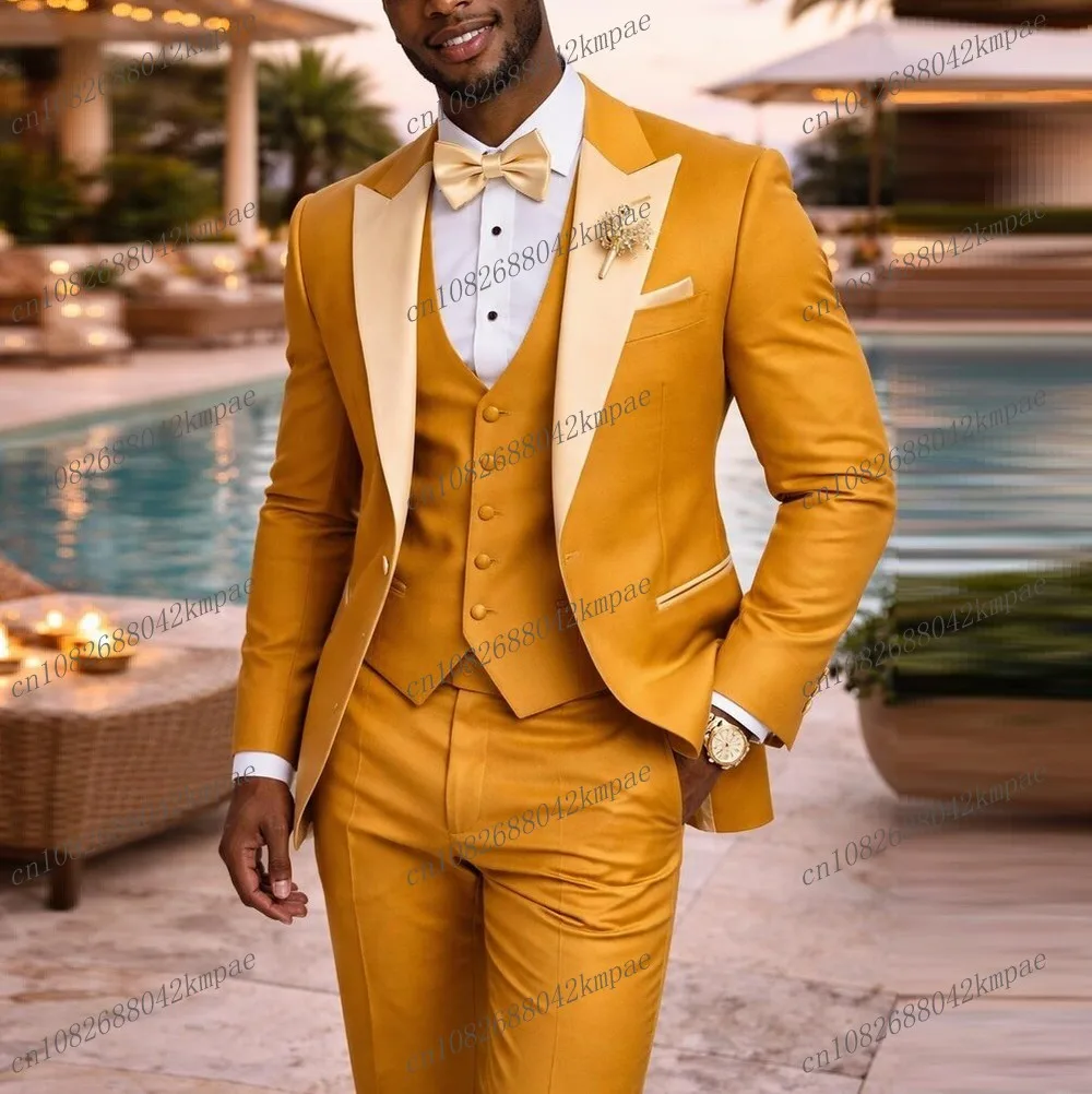 

New Dark Yellow Formal Men Suit Groom Groomsman Wedding Party Prom Business Male Tuxedos 3 Piece Set Blazer Vest Pants