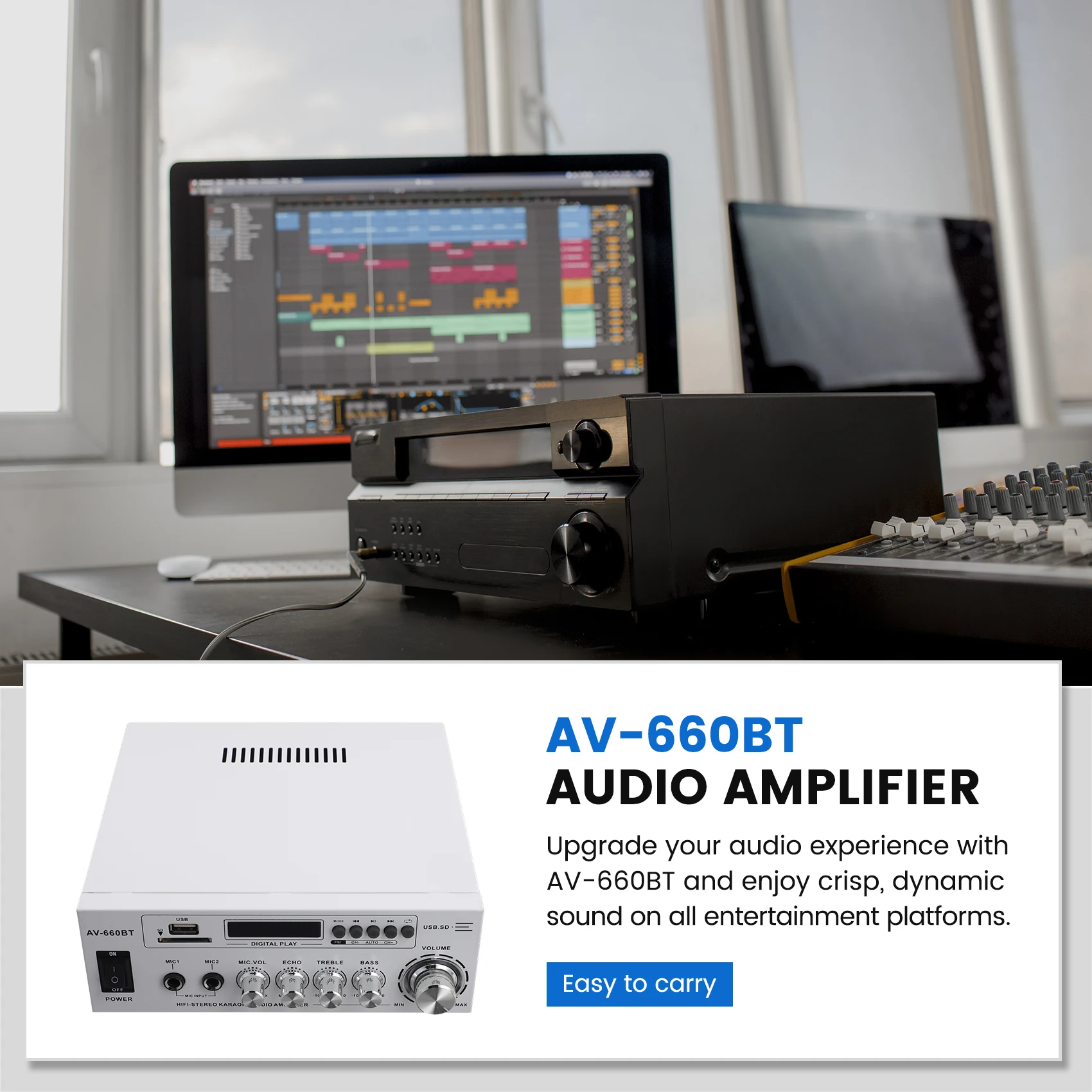 QA88X AV-660BT 2.0 CH 사운드 증폭기 - 전력 증폭기 지원 Bluetooth, FM 라디오, USB, SD 카드 및 듀얼 마이크 입력 EU 플러그