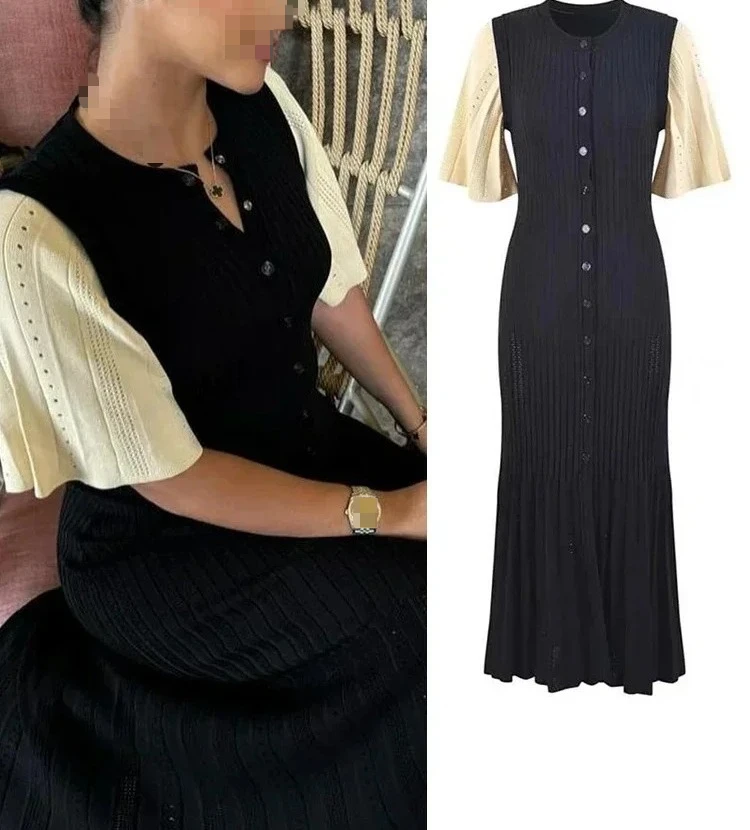 Maxivestido de punto para mujer, elegante vestido largo acanalado de manga corta con agujeros, prendas de punto de cintura alta con cuello redondo para mujer