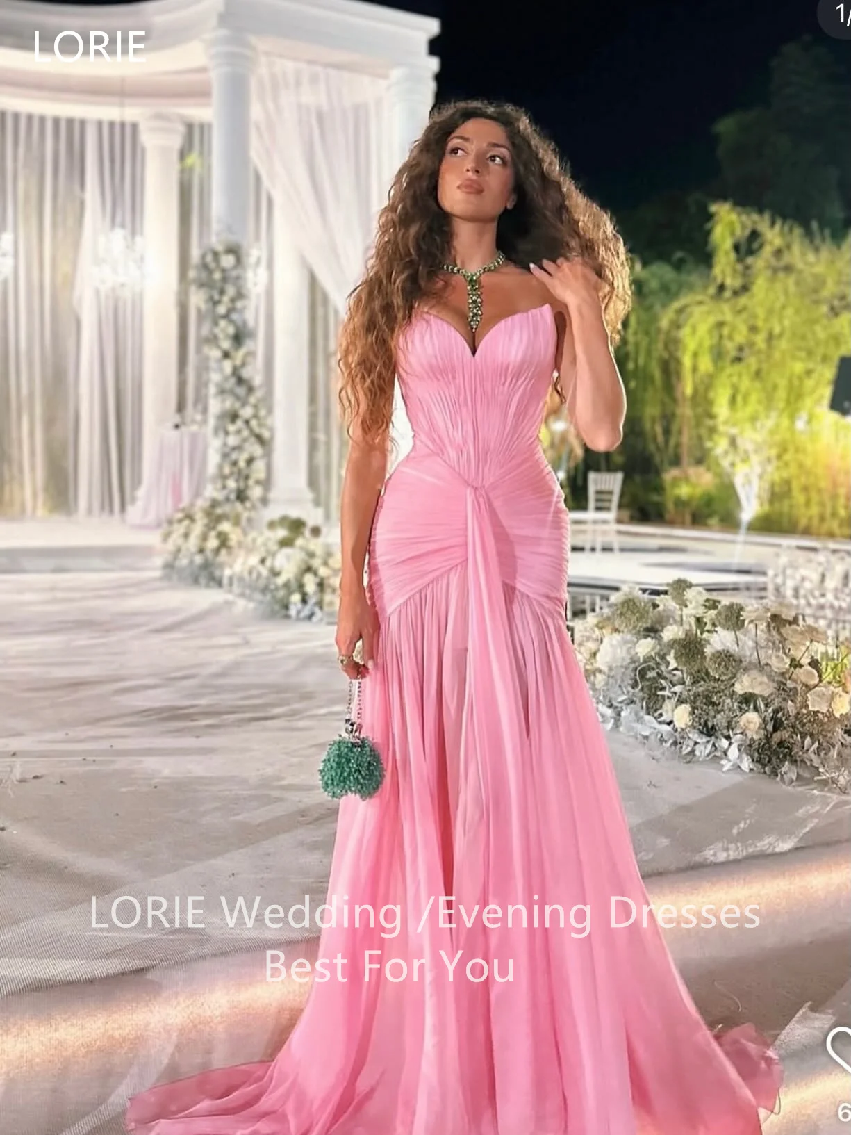 LORIE Chic Pink Chiffon Evening Dresses Strapless Sleeveless Pleats Party Dress A-Line Slit Prom Gowns Customized