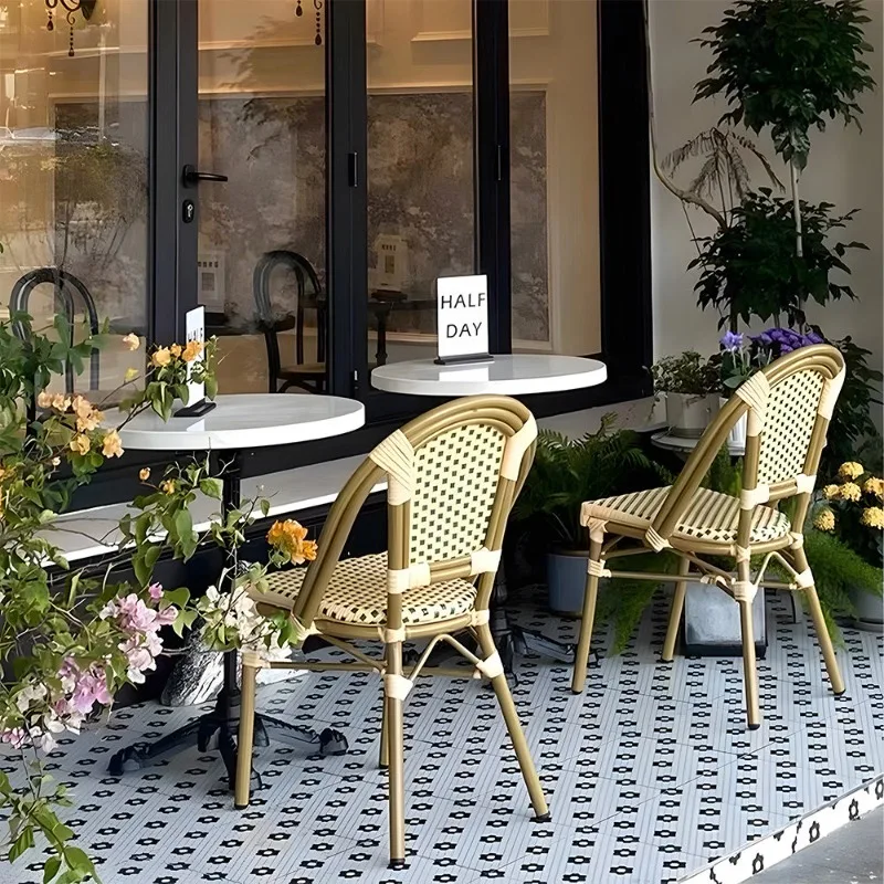 PE Imitation Vine Dining Chair for Cafe Vintage Restaurant Metal Seat French Garden Chair for Courtyard Rustic Balcony Chairs