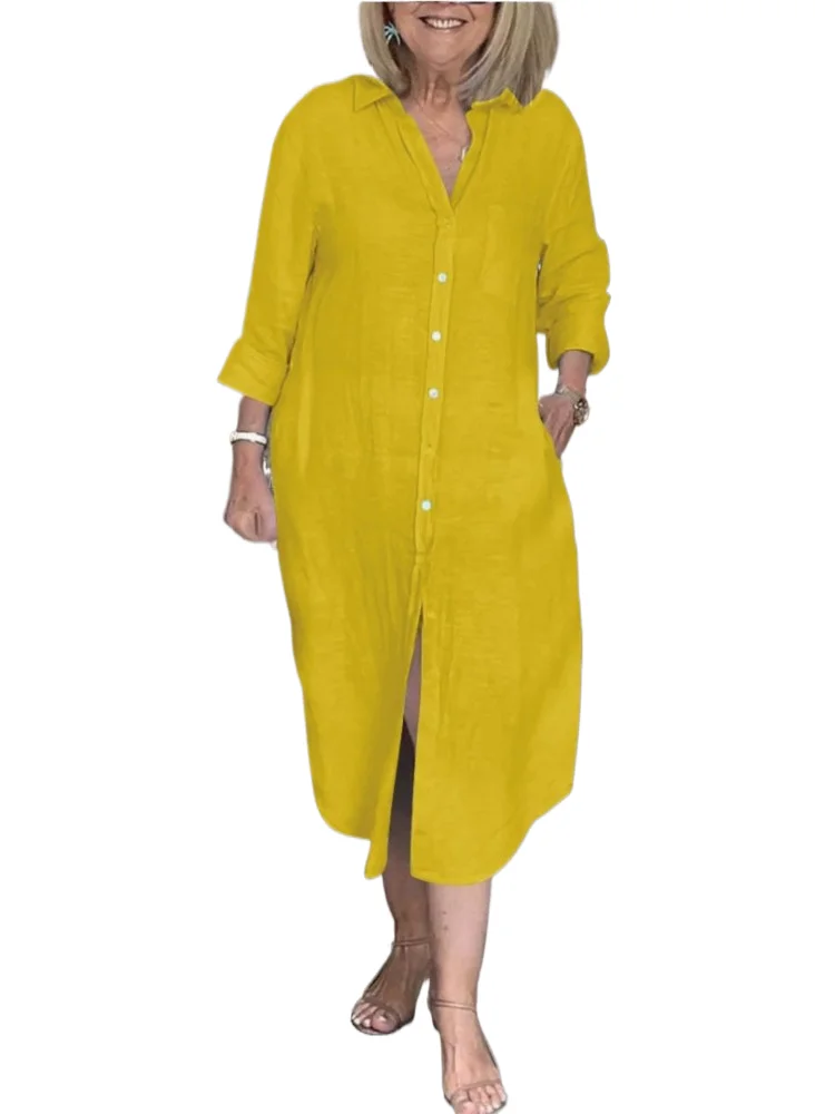 

Fashion Solid Dress Female Casual V Neck Long Sleeve Button Loose Dresses For Women Elegant Office Womens Clothing Spring New