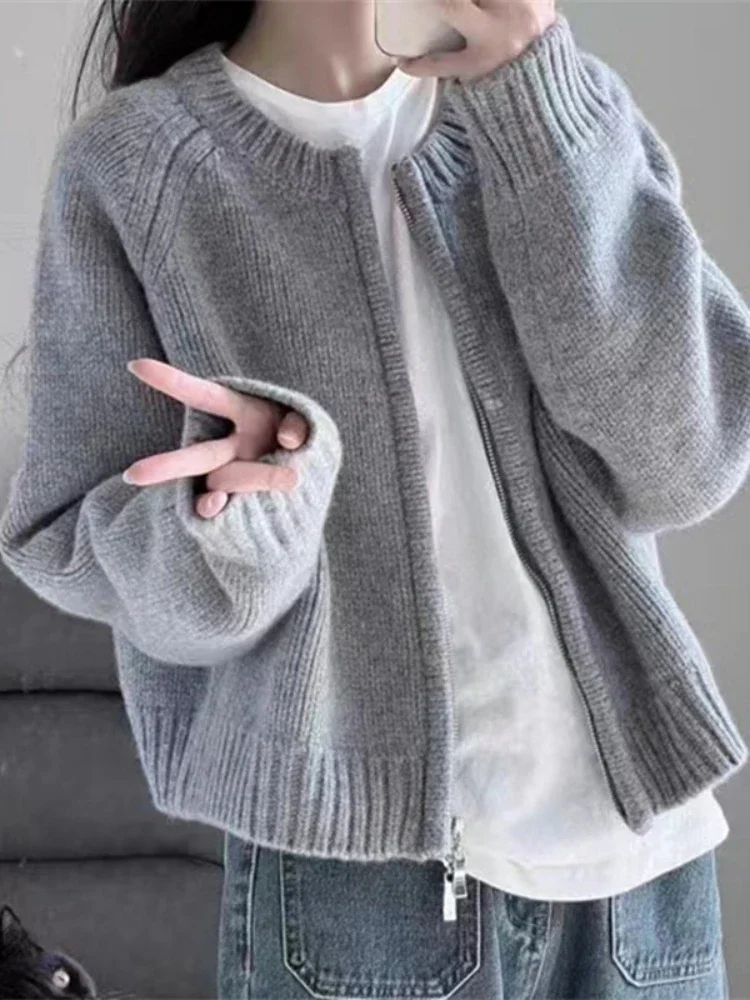 Women Knit Cardigan Full Sleeve Round Neck Splice Zipper Sweater Coat Solid Straight Casual Outwear Lady Jumpers Autumn Winter