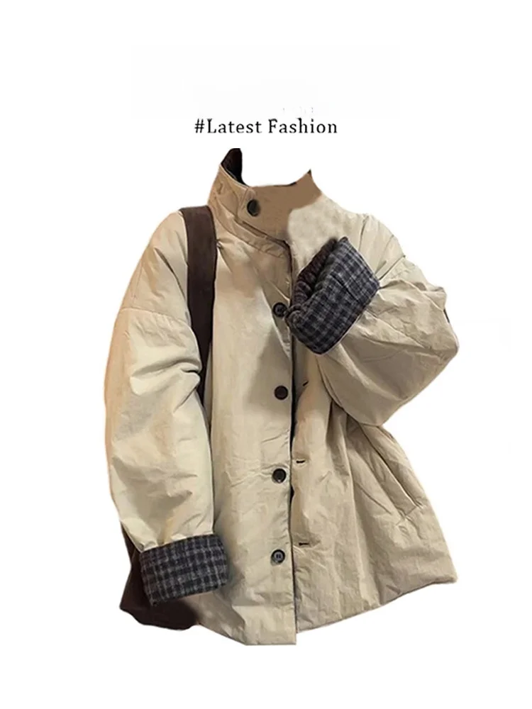 

Parkyeon Japanese Style Vintage Khaki Loose Cotton Jacket Women's Autumn Winter New Style Small Size Lazy Outerwear Trendy
