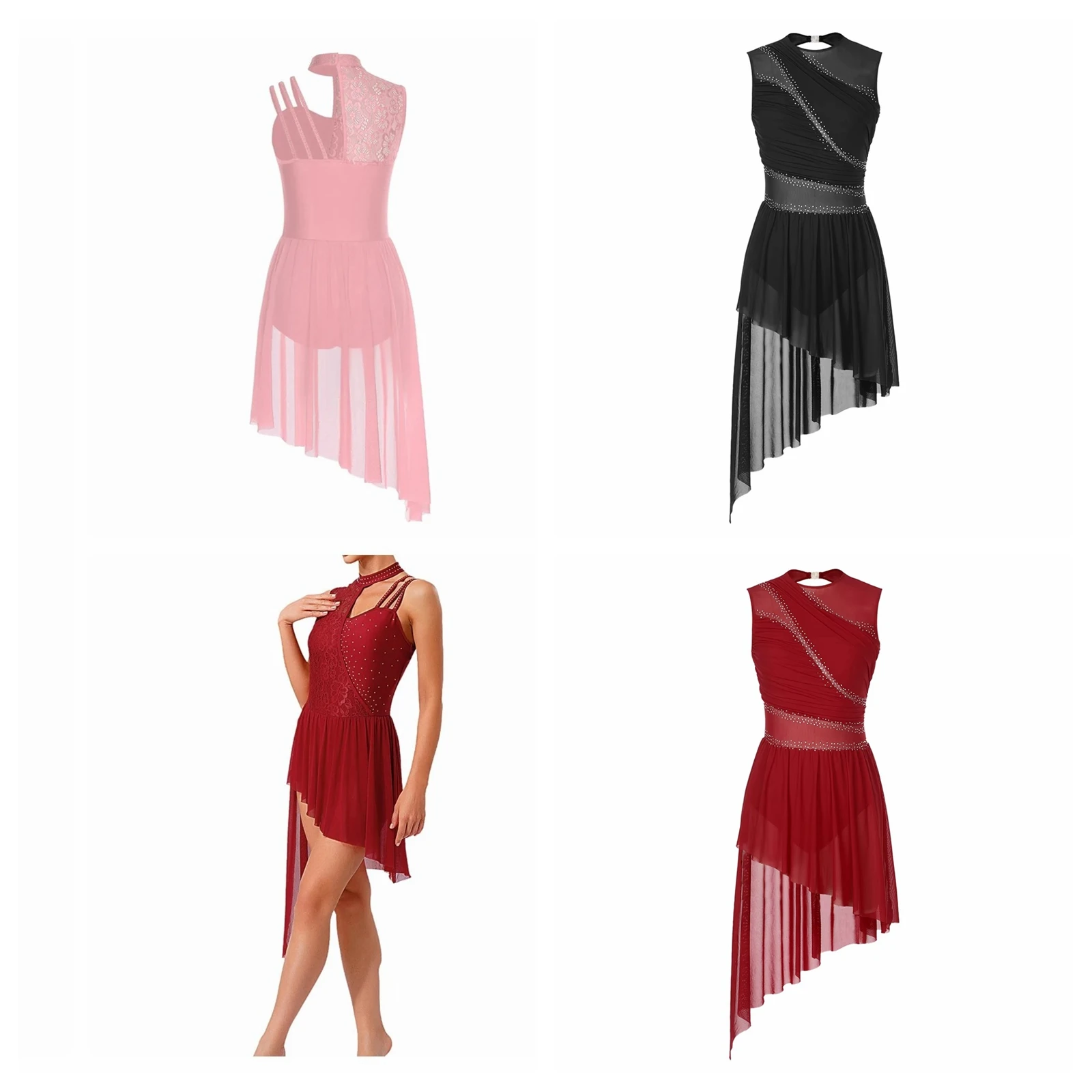 

Women's Ballet Lyrical Dance Dress Floral Lace Skating Asymmetrical Hem Leotard Dress Gymnastics Latin Dance Performance Costume