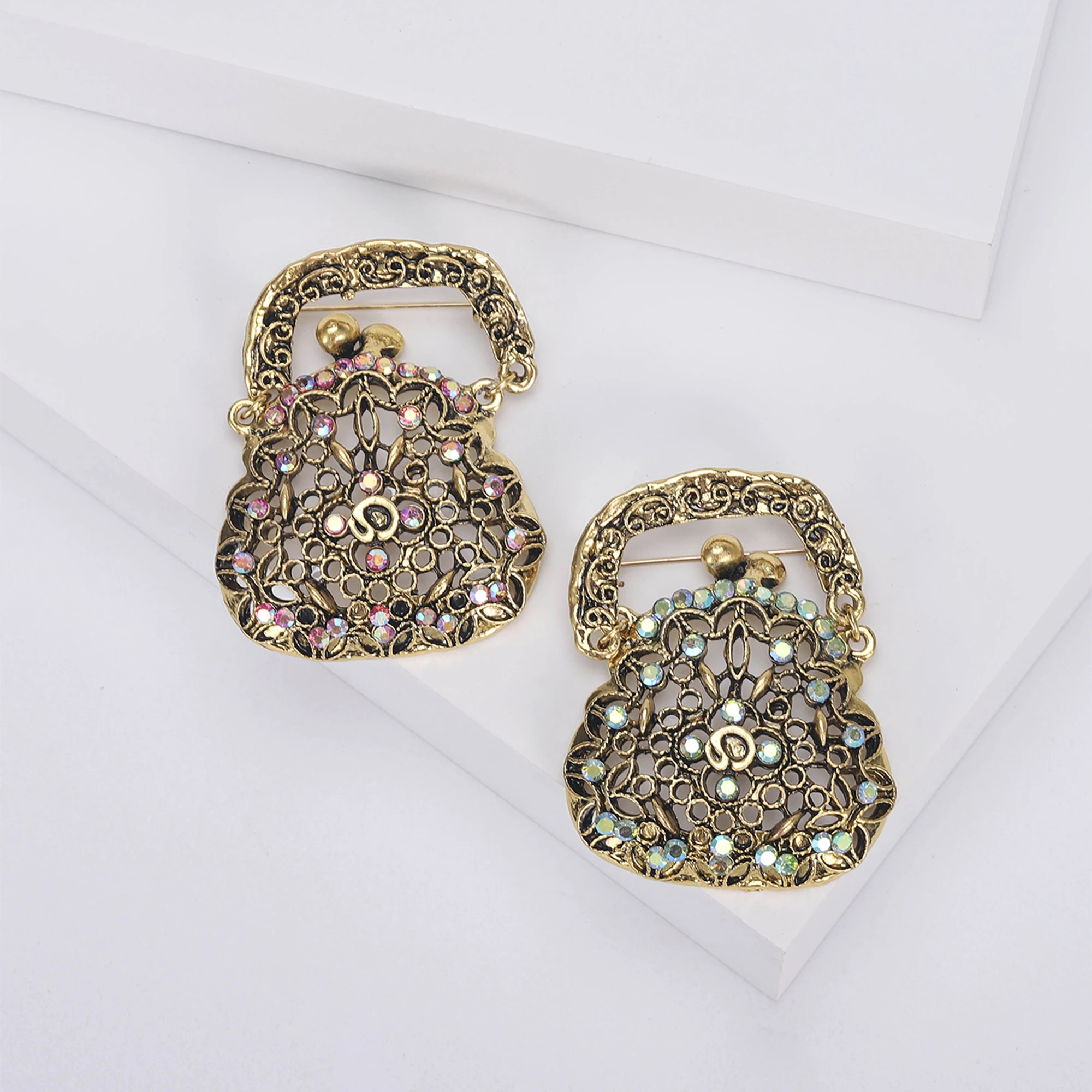 Rhinestone Handbag Brooches for Women Hollow Design Bag Pins Office Party Friend Gifts Jewelry Accessories