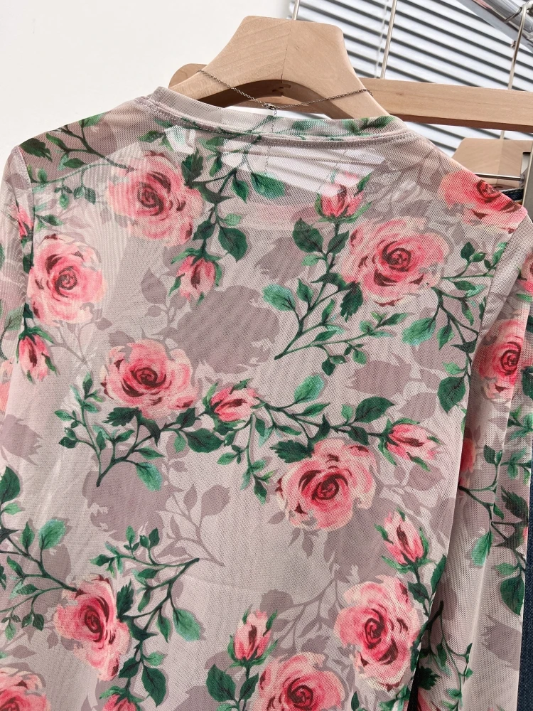 Letnia koszulka damska w stylu retro z nadrukiem, dopasowany krój, długi rękaw, okrągły dekolt, ochrona przed słońcem, lekka, designerska...