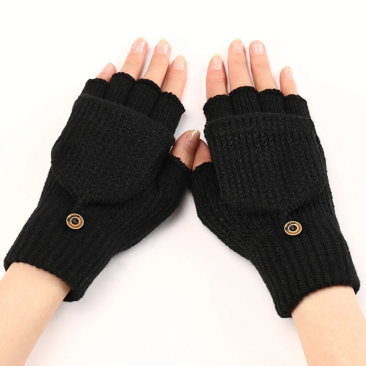 Autumn and Winter Men＇s and Women＇s Short Striped Flap Wool Open Finger Gloves for Warm and Fashionable Half Finger Gloves