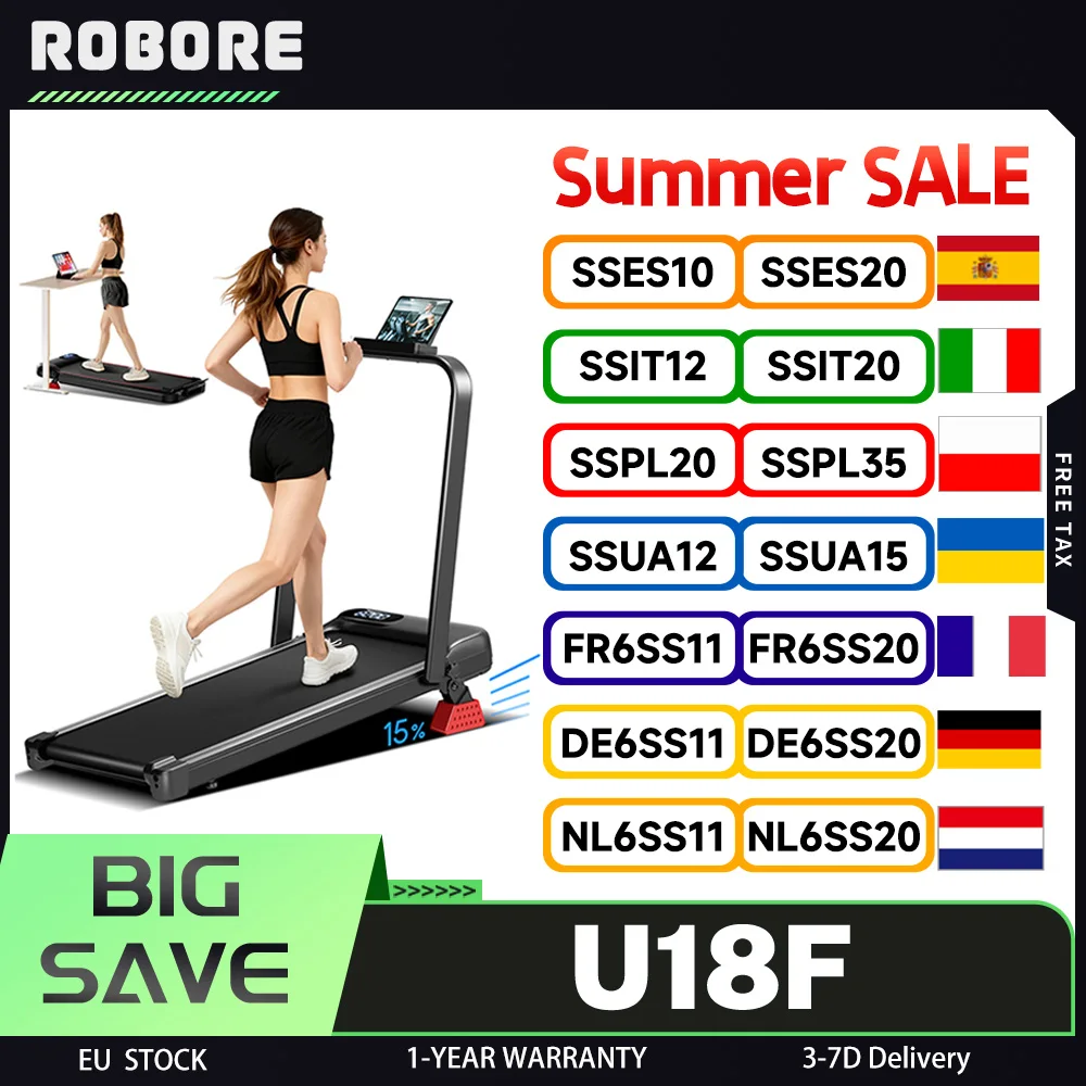 Tapis roulant CW1F version améliorée ROBORE U18F avec inclinaison de 15 %, vitesse maximale de 10,5 km/h, moteur de 2,5 CV, 3 niveaux d'inclinaison, faible bruit, LED