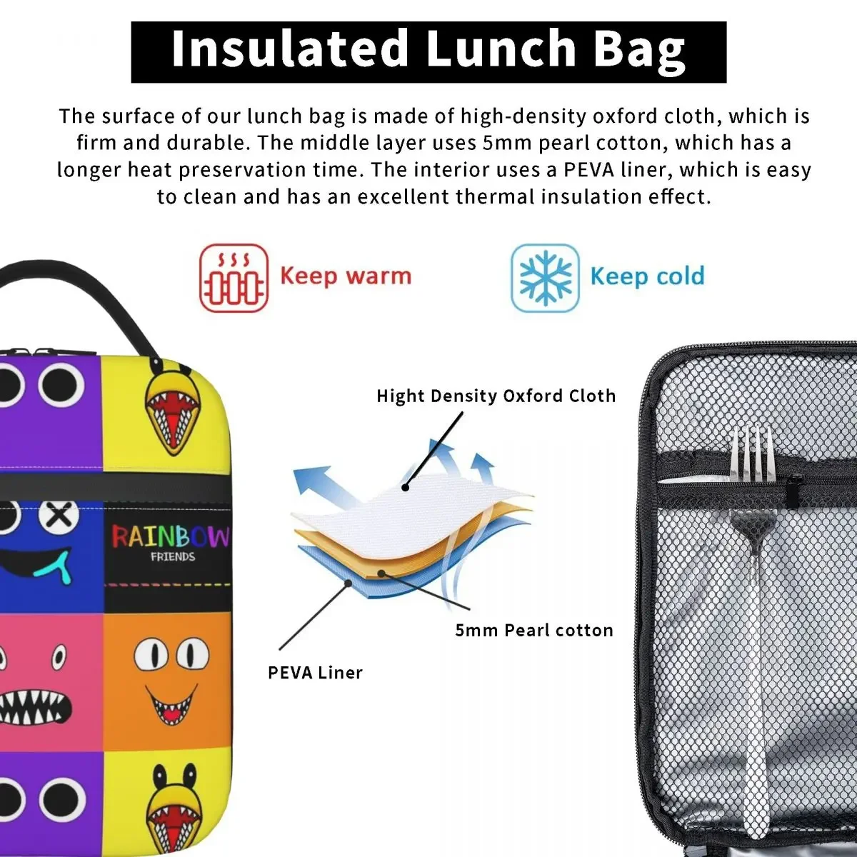 Rainbow Friends Characters Faces Insulated Lunch Bag Portable Meal Container Cooler Bag Lunch Box Tote Outdoor Food Storage Bags