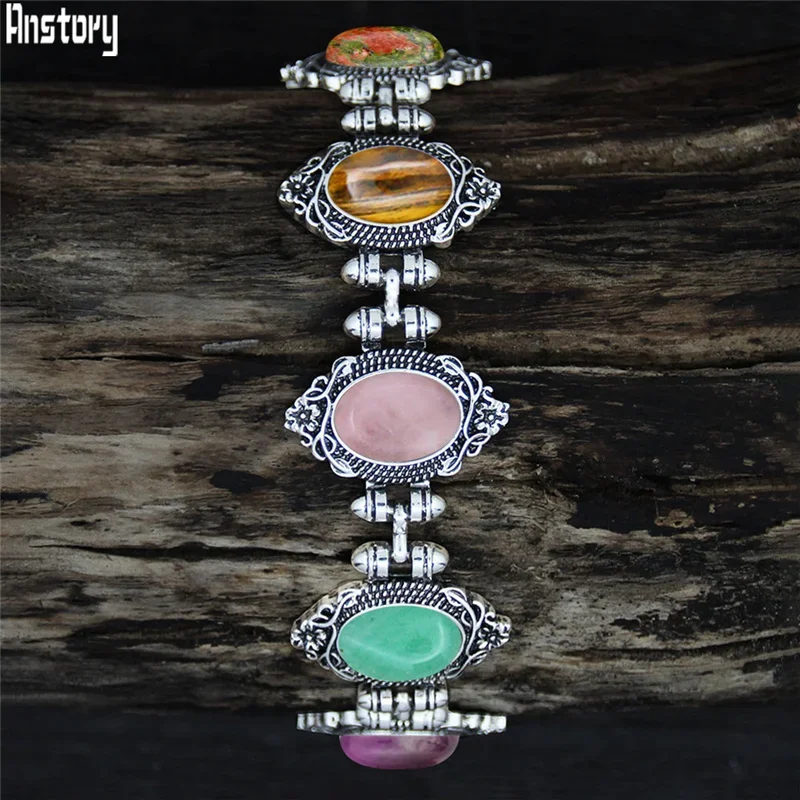 Vintage Oval Plant Flower Quartz Amethysts Bracelet For Women Antique Silver Plated Natural Stone Unakite Jade Fashion Bracelets