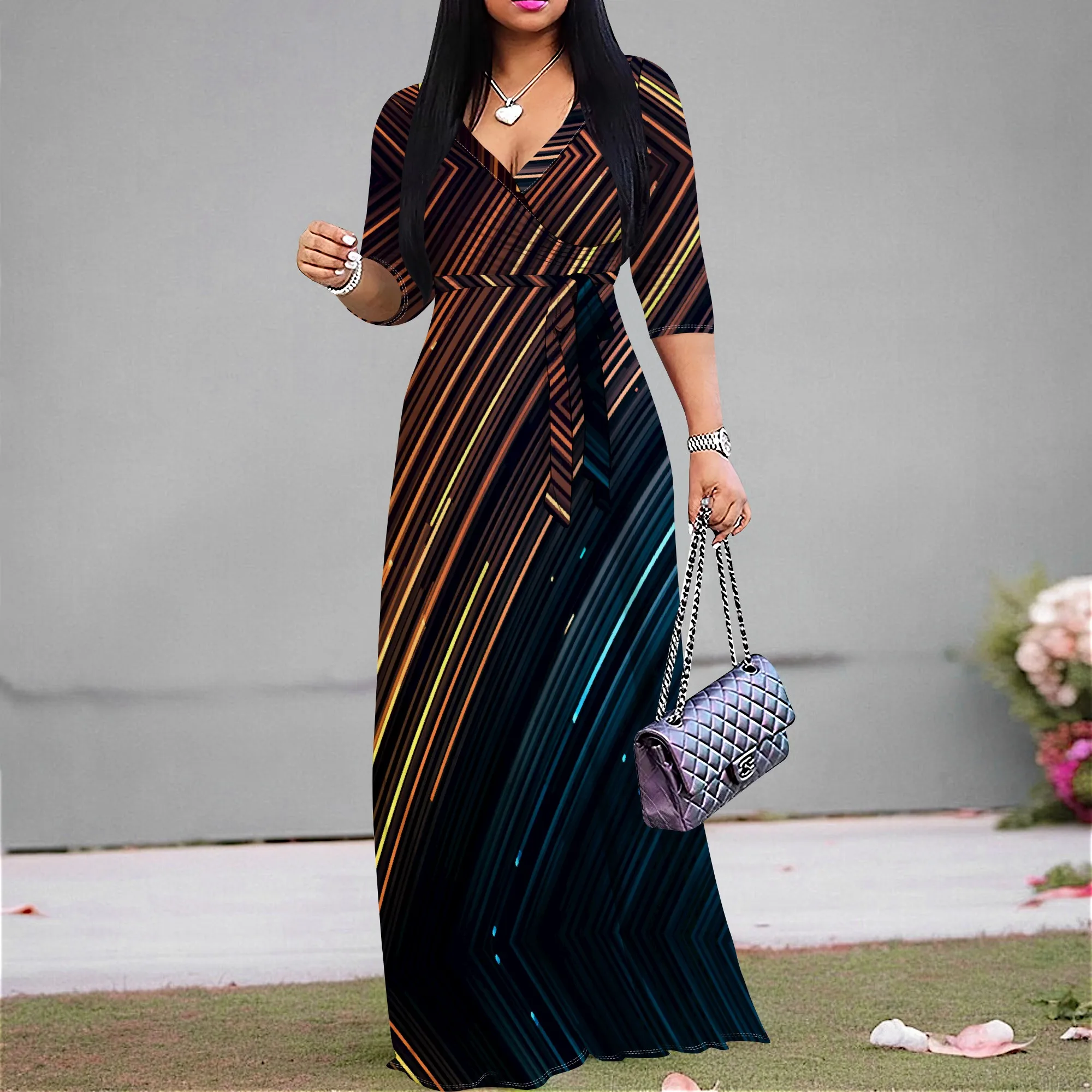 

Women's V-Neck Wrap Maxi Dress Ombre Abstract Stripe Print 3/4 Sleeve High Slit Elegant Party Gown Summer Formal Dresses S-3XL