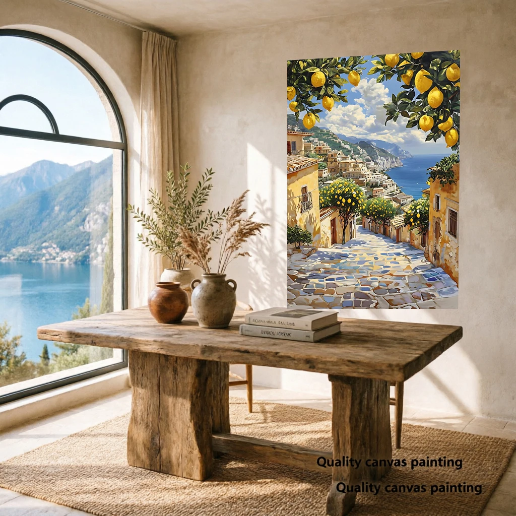 Mediterranean Lemon Grove Print – Coastal Italy Street Wall Art – Amalfi Coast Painting – Vibrant European Landscape Poster, No