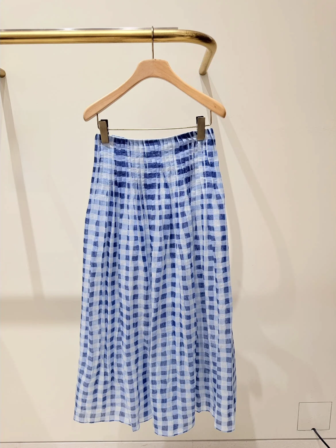 

Юбка миди с высокой талией в клетку, синяя, плиссированная, HEIDD, Весна 2026, женская модная юбка А-силуэта, смесь полиэстера и льна, весенняя свежесть