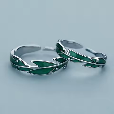 Fashion Irregular Green Leaves Couple Rings For Women Men Lovers Luxury Zircon Silver Color Open Ring Bride Wedding Jewelry Gift