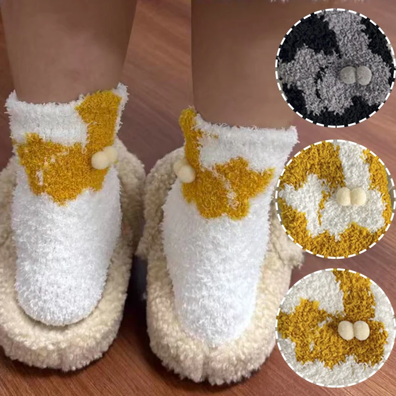 

Коралловые бархатные носки, милые носки с изображением кота, яйца, для женщин и девочек, осенне-зимние утепленные носки средней трубки, забавные носки для сна, домашние напольные носки