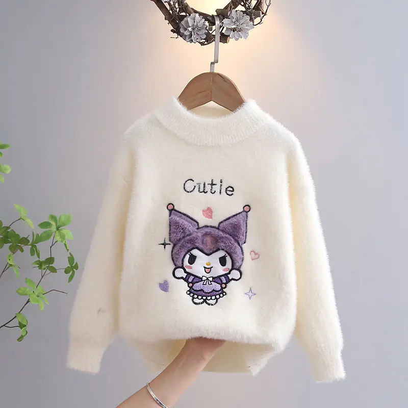 

2024 Sanrio Kawaii Kuromi Girls Sweater Anime Long Sleeve T-Shirt Autumn Winter Cute Cartoon Embroidery Top Clothes Gift for Kid