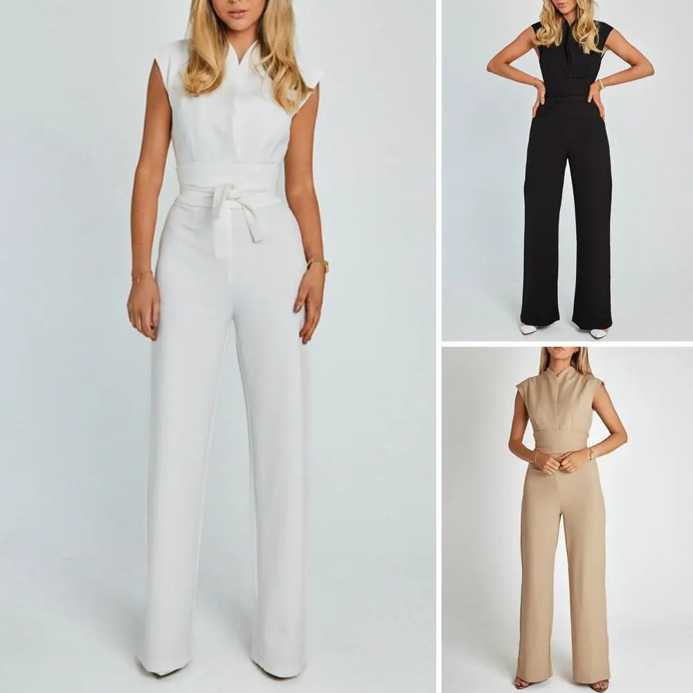 Elegante V-neck Office Lady Romper, macacão elegante com cinto de cintura alta, perna larga reta para o verão