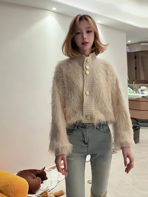 

Autumn Winter High Collar Knitted Sweater Soft Gentle Faux Mink Coat Sle Long Sve Sweet Sle Loose Fit Pure Color