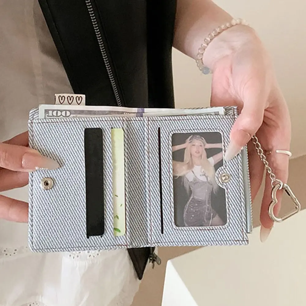 Gifts PU Short Wallet Metal Chain Snap Closure Women Wallets Heart Window Bag Accessories