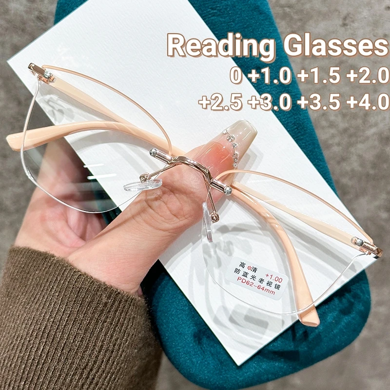 

Frameless Cut Edge Metal Reading Glasses Ultra Light Pink Frame Presbyopia Glasses High-definition Anti Blue Light Eyeglasses