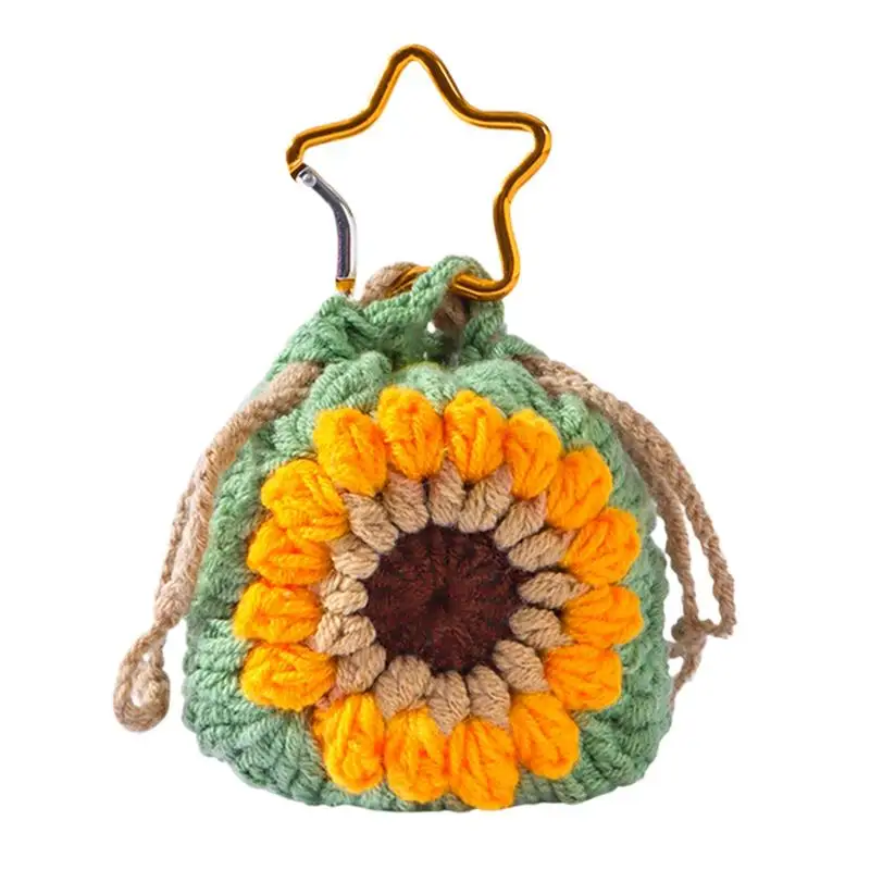 

Coin Purse Keychain Crochet Sunflower Key Charm Portable Trendy Drawstrings Protective Coin Pouch For Women Men Girls Teens