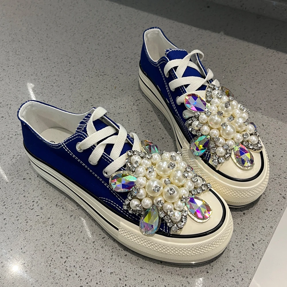 4cm Platform Women Canvas Shoes Big Crystal Flowers