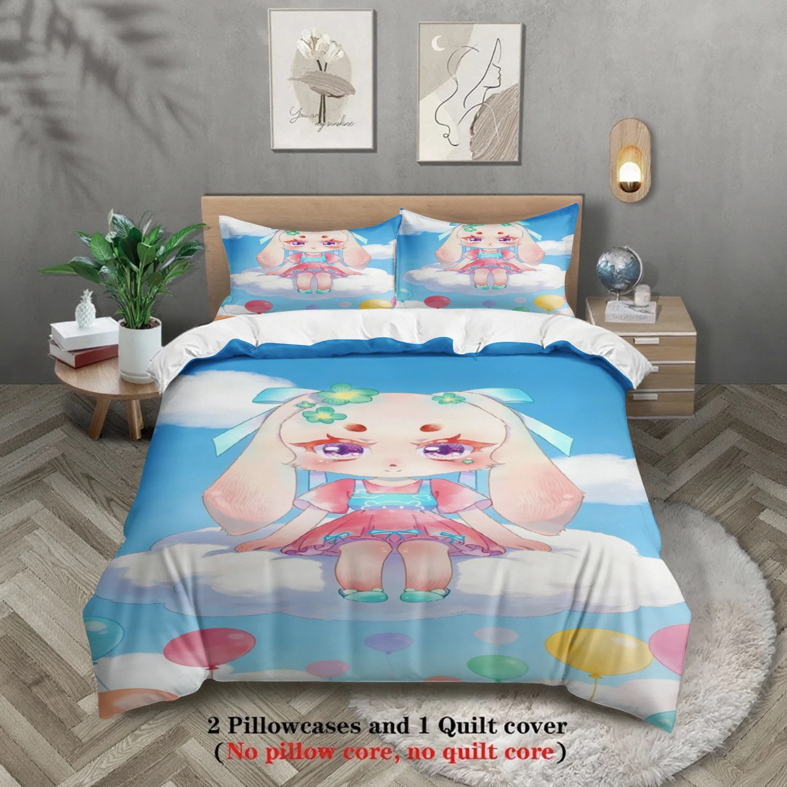 Softville Cozy Town 3PCS Bedding Sets Lop Rabbit Sitting On Cloud Pinted Duvet Cover No filling Cartoon Style Queen King Size