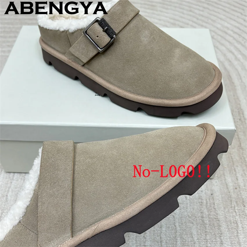 الشتاء جولة التفاف تو الصوف الفراء نعال مسطحة النساء جلد الغزال الحقيقي الدافئة سميكة البغال عادية النعال Zapatos de Mujer