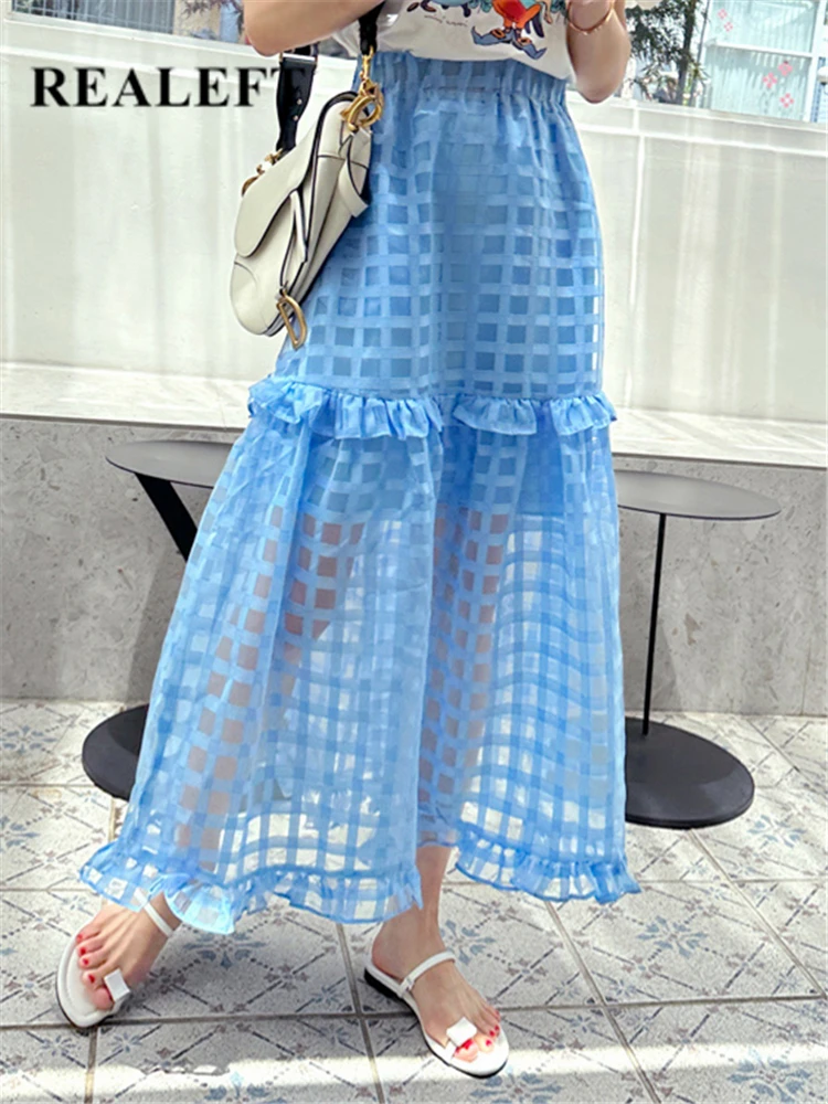 REALEFT Elegant Mesh Women's Long Skirts 2023 Spring Summer New High Waist Solid Ruffles Chic A-Line Skirts Female