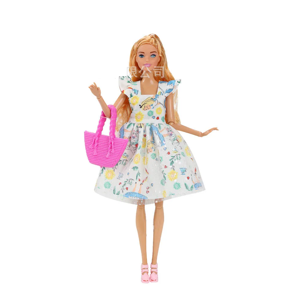 30cm moda fr menina princesa babi boneca verão casual bonito vestido floral + moda bolsa conjunto 1/6 bjd boneca jogar casa vestir-se brinquedo
