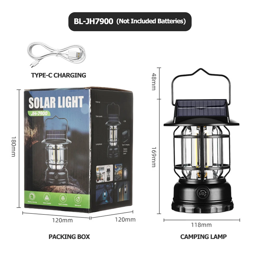 Solar Camping Lights USB Rechargeable LED Retro Portable Lantern Waterproof For Outdoor Hanging Tent Atmosphere Emergency Lamp