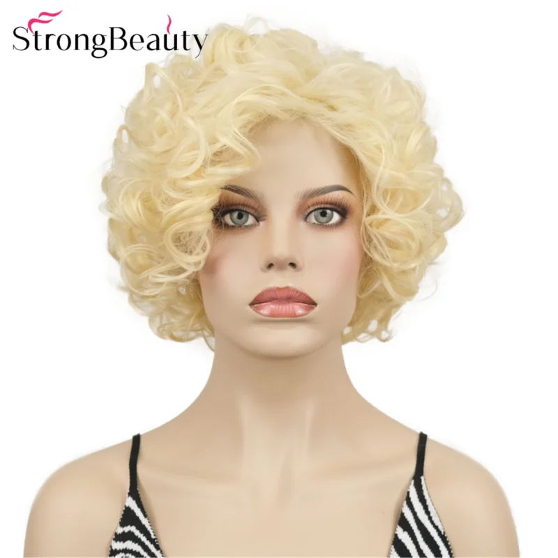 

StrongBeauty Синтетические короткие вьющиеся светлые парики Тепло OK Женский парик без шапочки-основы