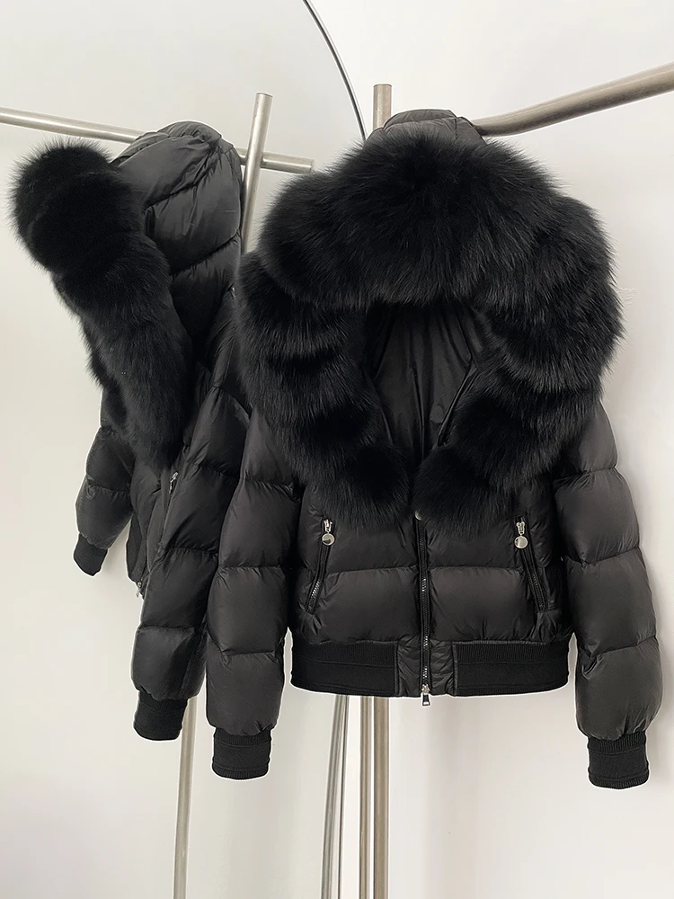 Femmes fourrure naturelle blanc canard vers le bas manteau à capuche épaissi chaud moelleux doudoune nouveau hiver réel fourrure de renard haut vêtements