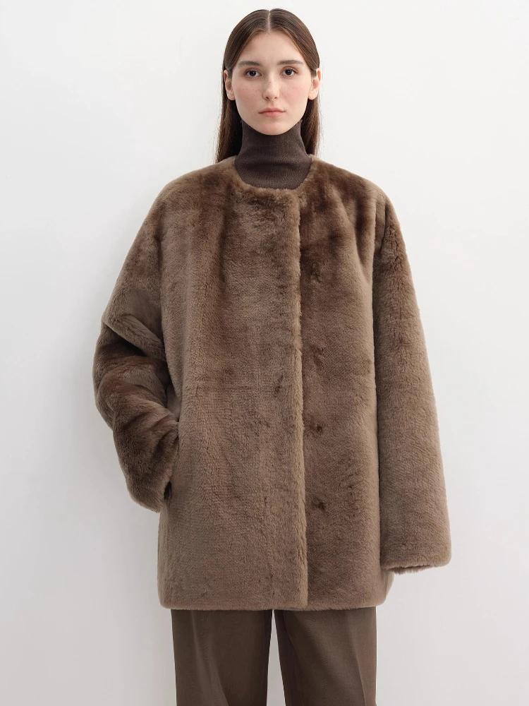 

High-end Luxury Merino Sheep Fur Lambswool Jackets Women Simple O-neck Elegant Mid-length Winter Genuine Leather Real Fur Coat