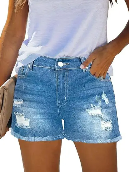 Casual Vintage Denim Shorts High Waist Ripped Light Fade Shorts Slim Fit Distressed Summer Shorts Frayed Edge Sexy Hot Pants view 2