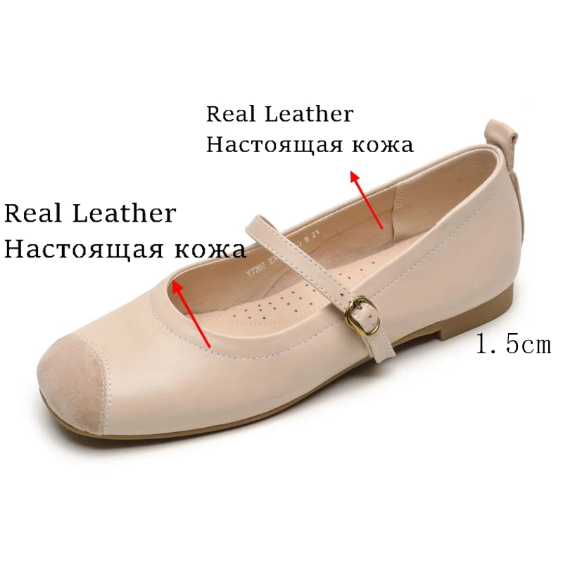 ANOVISHANA Beige Genuine Leather Women's Mary Janes Flats Square Toe Buckle Strap Splicing Large Size 41 42 43 Handmade Shoes