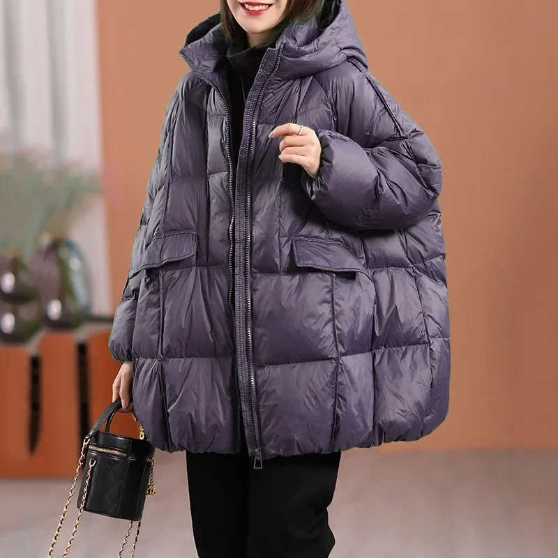 Lagabogy 2023 New Winter Women White Duck Down Jacket Hooded Warm Oversize Puffer Coat Female Casual Loose Parkas Pocket Outwear