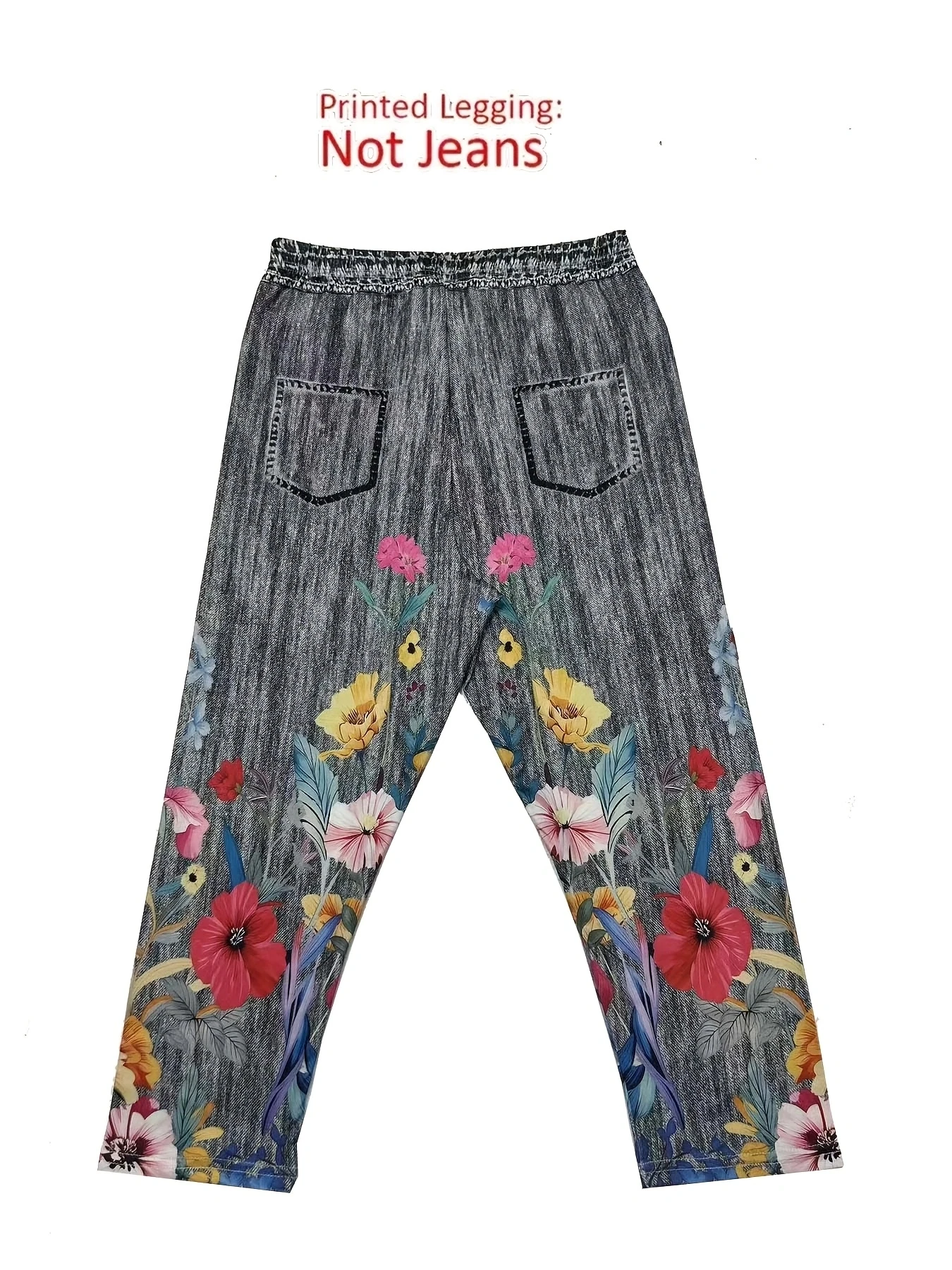 Damen-Capri-Leggings mit Blumenmuster, hochelastische, schmal geschnittene, kurze Hose aus Kunst-Denim, vielseitige, sportliche, lässige, schmal geschnittene Knöchelhose – Detail 5