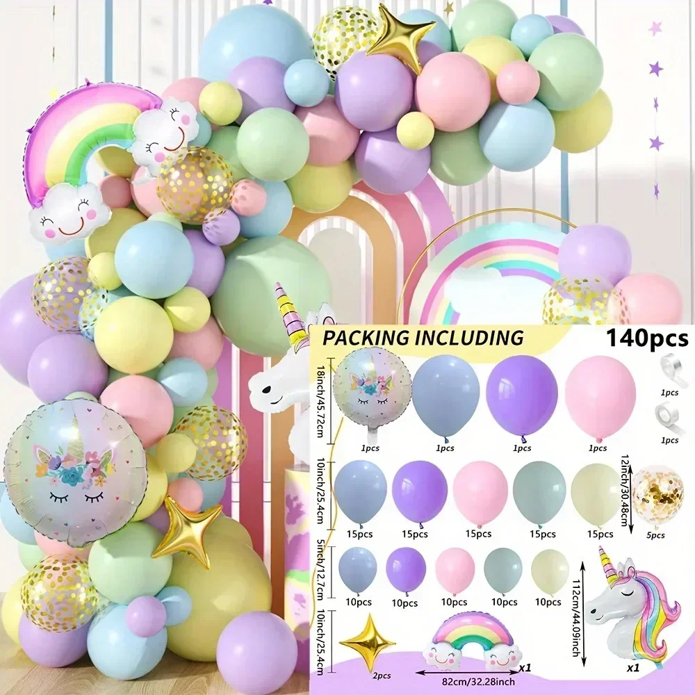 140PCS Unicorn Rainbow Balloon Arch Set, Suitable for Birthday, Engagement, Ball, Summer Party - Indoor and Outdoor Decoration