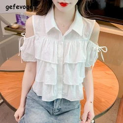 Women Sexy Off Shoulder Lace Up Chic Sweet Shirts Trendy Casual Ruffle Tierred White Blouses Short Sleeve Kawaii Tops Y2K Blusas