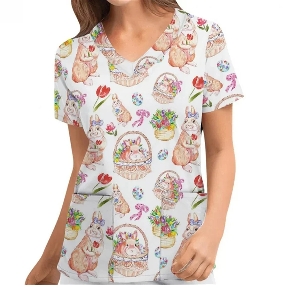 Women Short Sleeve V-neck Flower Pattern Top Nursing Working Uniform T-shirts Short Sleeve Blouse Pet Groming Veterinaria Tops