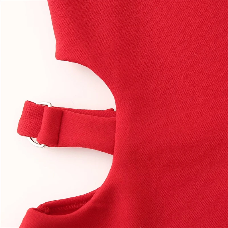 Keyanketian verão novo feminino halter-cintura oco para fora vestido moda sexy voltar zíper o pescoço magro sem mangas mini vestido vermelho fino