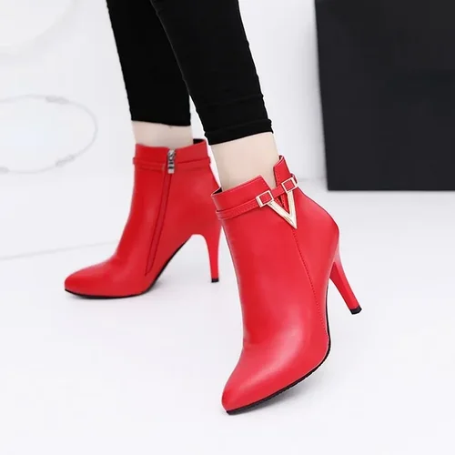 Botas Mujer Invierno 여성용 얇은 하이힐, 포인티드 토 PU 가죽 지퍼, 섹시한 발목 부츠, 가을 스틸레토 첼시 8 