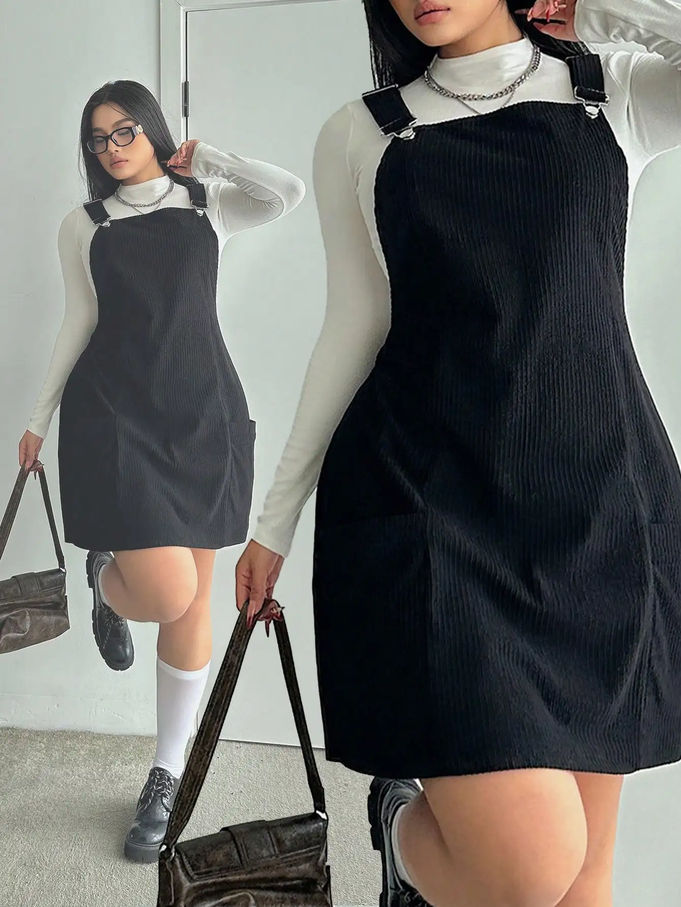

Black Corduroy A-Line Suspender Dress with Utility Pockets